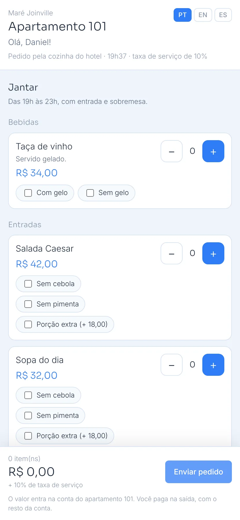 Cardápio do room service no celular do hóspede, aberto pelo QR do apartamento